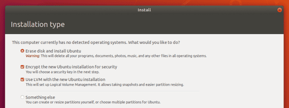 The "Instalation type" screen in the Ubuntu 18.04 install process with the option for hard drive encryption selected.