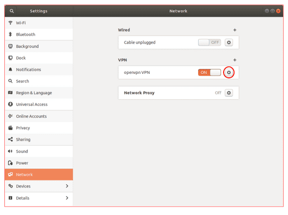 The settings menu with the network tab selected and the setting button on the configured VPN highlighted.